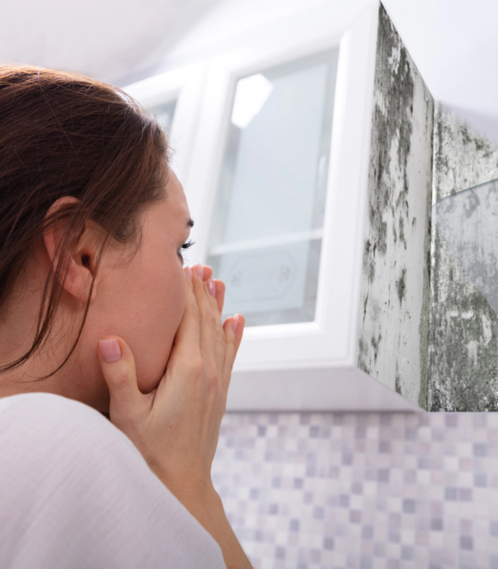 woman looking at mold on wall